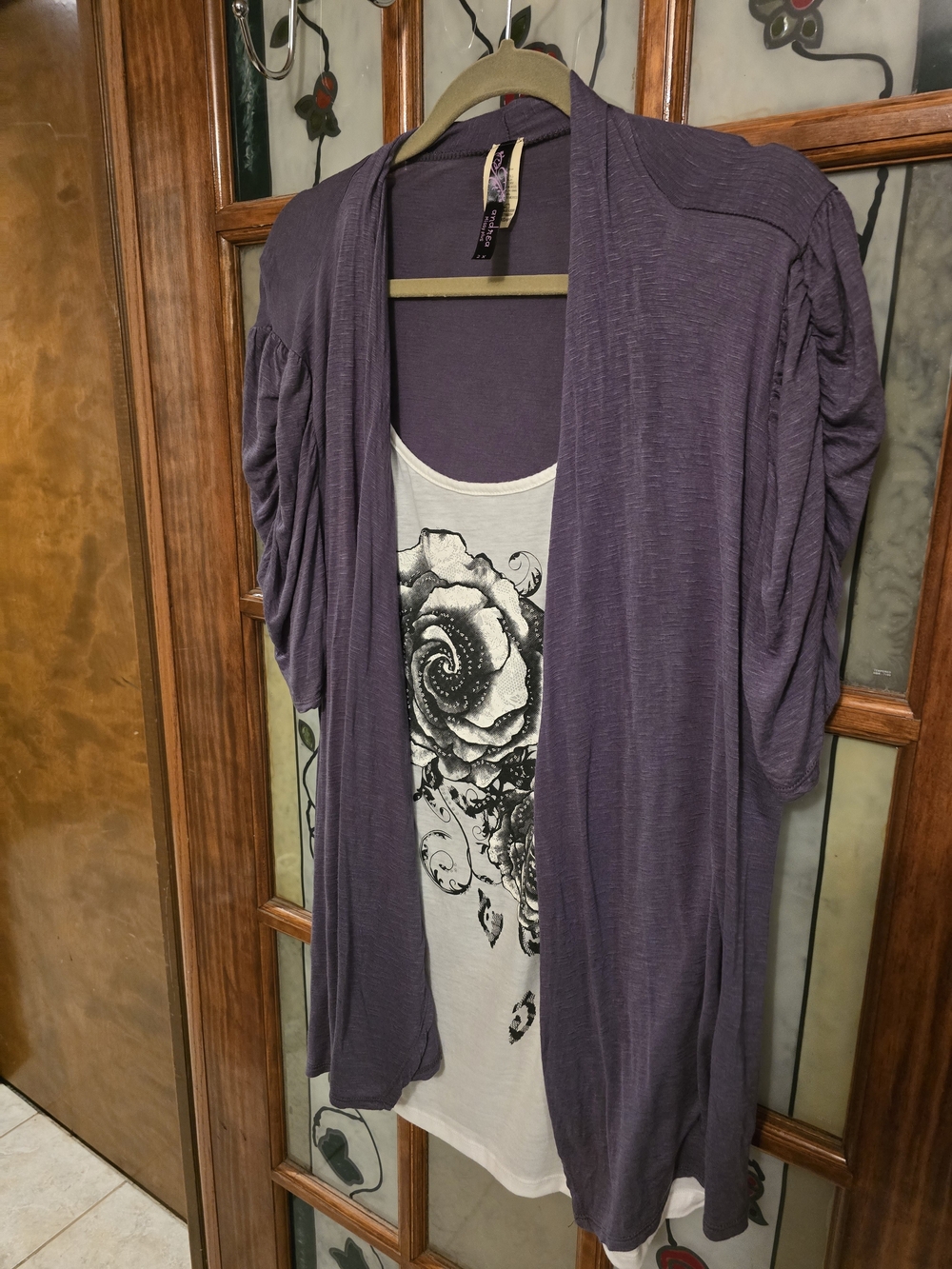 Ruched-Sleeve Open Front Cardigan in Purple